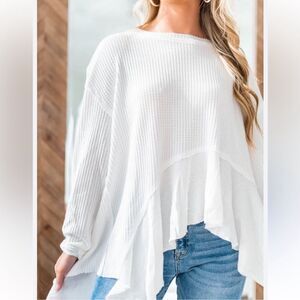 free people M Vada White Waffle Knit Crew Asymmetrical Long Sleeve Thermal Top